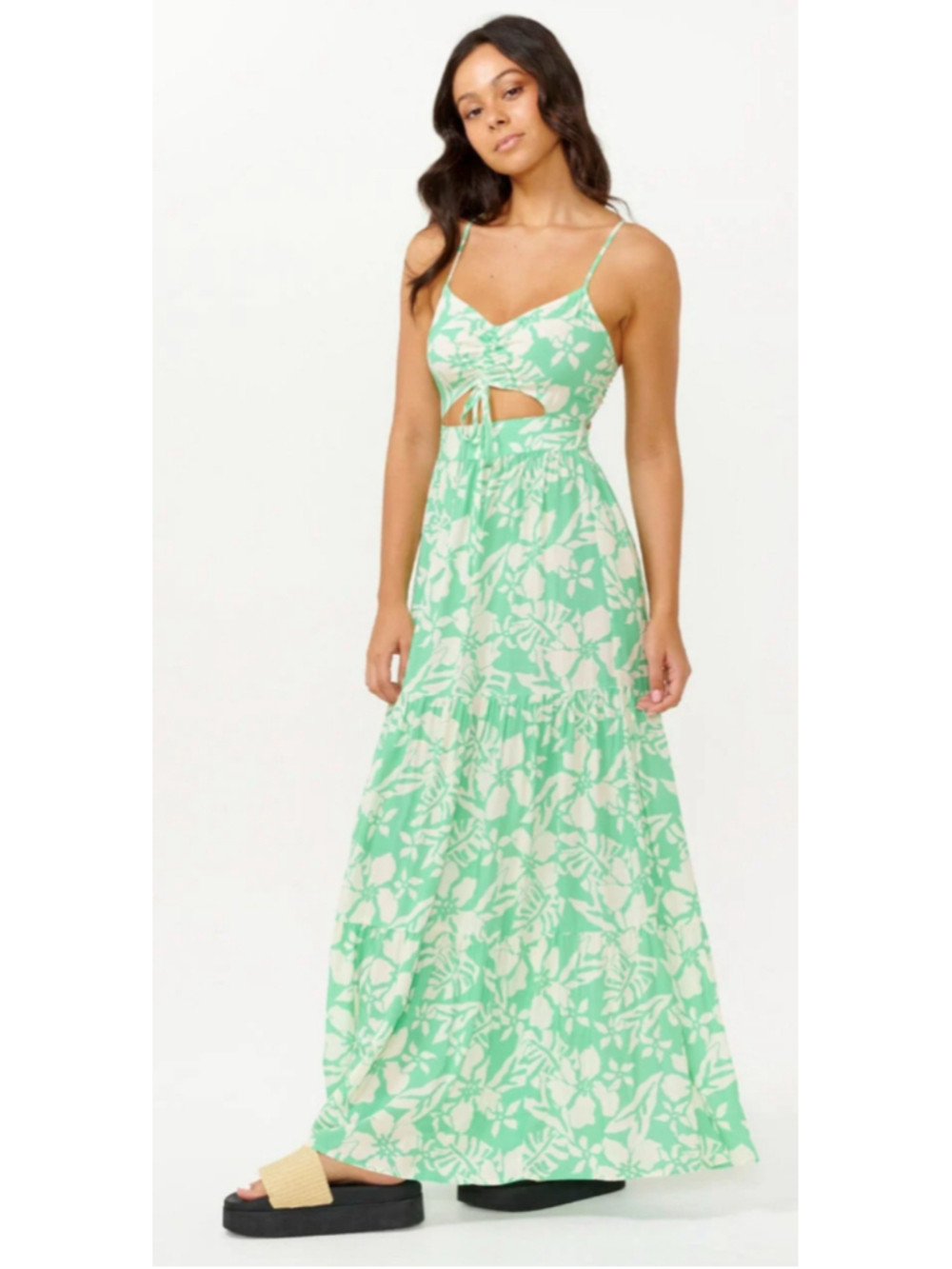 Rip Curl Maxi Dress Green White Floral Cutout Size Small - NWT